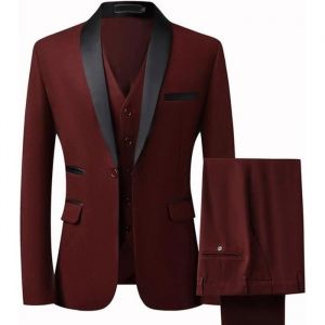 (Veste+Gilet+Pantalon)Ensemble de Costume Homme Revers en Pointe Blazer et Pantalons Mariage Smoking Affaires XD162 rouge