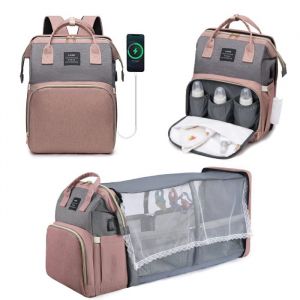 Sac à Dos à Langer avec Matelas à Langer pour Bébé Grande Capacité Sac à Couches Multifonction Imperméable Sac de Voyage Rose Gris