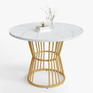 Table Ronde Salle Manger avec Pieds Métalliques Table a Manger Blanche 4 Personnes Surface en Marbre Moderne 100×100×75 cm