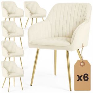 Lot de 6 Chaises en velours &agrave; surpiq&ucirc;res FLORENCE Cr&egrave;me pieds dor&eacute;s