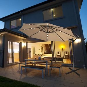 Parasol Déporté Ø3M - GOPLUS - Parasol pour Terrasse - Parasol Inclinable - 32 LED - Rotatif à 360° - Pied en Croix - Beige