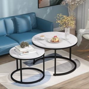Lot de 2 Tables Basses Gigognes Rondes Table de salon Plateau MDF et Pièds en Métal Bout de Canapé Robuste Contemporain Blanc