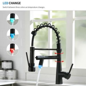 TIMACO LED Noir Mitigeur Cuisine avec DouchetteRobinet de Cuisine à Ressort Pivotant à 360 DegrésFabriqué en Cuivre.