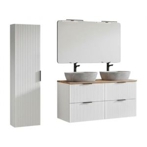 Ensemble de salle de bain NOXERA 120 cm &ndash; Blanc alpin et ch&ecirc;ne wotan &ndash; Double vasque effet marbre colonne et miroir avec lampe