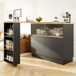 Buffet bar rotatif Maisentiel MDF noir 360&deg; avec plateau effet bois porte coulissante en verre et rangements modulables