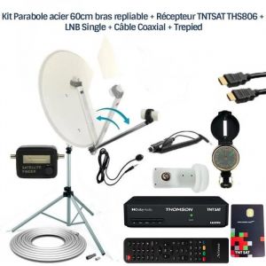 Kit Parabole acier 60cm bras repliable + R&eacute;cepteur TNTSAT THS806 + LNB Single + C&acirc;ble Coaxial + Trepied