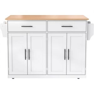 Desserte il&ocirc;t de Cuisine Multi rangements - Plan de Travail Extensible Chariot de Service Roulant 2 Tiroirs 4 Portes - Blanc