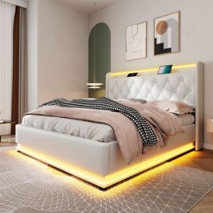 Lit coffre - MARQUE - 160x200 cm - LED 360° - Tête de lit USB-C - Simili cuir blanc
