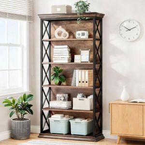 Biblioth&egrave;que &eacute;tag&egrave;re sur Pied  Biblioth&egrave;que en Bois &agrave; 6 &eacute;tages Biblioth&egrave;que Industriel - 180 x 30 x 80 cm - Brun Vintage