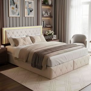 Lit Double 160x200 cm - 4 Tiroirs - LED RGB avec App - T&ecirc;te de Lit R&eacute;glable - Simili Cuir Beige