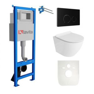 Lavita LAV101 El&eacute;ment b&acirc;ti-support pour WC 40cm+WC suspendu SOFI SLIM blanc sans rebord+plaque de commande LAV 4.4 noirSet