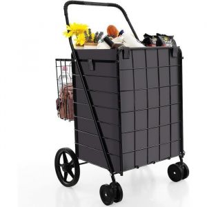 GOPLUS Chariot de Courses PliableCapacité 120L et Charge 40kgCadre en Métal et Panier de Rangement ArrièreNoir