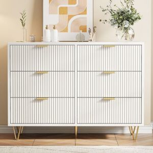 Commode -LUMINARIX- Buffet 6 tiroirs Dispositif anti-basculement Armoire de rangement Pieds/Poignées Métal 100×34×73 cm Blanc