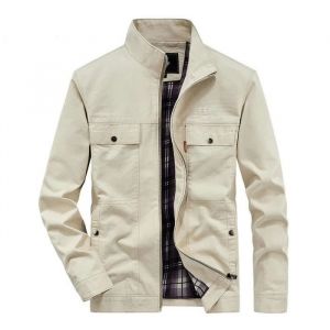 Blouson Homme Col Montant En Coton Demi-Saison Casual Veste Zippee Multi Poches Couleur Unie Pour Printemps Et Automne - Beige