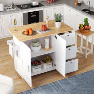 Desserte de cuisine - LEYTN -Îlot de cuisine - plan de travail en chêne -  pliable - 3 tiroirs porte-serviettes-roulant