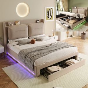 Lit 140x190 cm avec tiroirs de rangement 2 en 1 en bout de lit lit coffre 140x190 cm avec sommier ET éclairage LED velours Beig