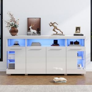 Buffet-Bahut Table Dappoint 140x40x70cm Blanc Laqu&eacute; Brillant Verre Tremp&eacute; 3 Compartiments Eclairage LED Large Meuble Moderne