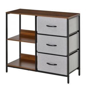 HOMCOM Commode en Tissu avec 3 Tiroirs Pliables et 2 Étagères Style Industriel pour Chambre Salon Couloir Noyer et Gris Clair