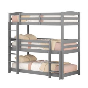 Lit superposé 90x200 cm avec 3 places - lit triple enfant en bois de pin + MDF - design facilement converti - Gris