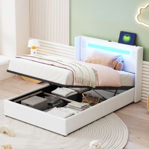 Lit Coffre 90x200 cm - Lit Enfant Rembourr&eacute; Avec LED Lecteur Bluetooth et Port USB Coffre De Rangement Simili Cuir Blanc