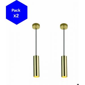 Pack de 2 Lampes Suspendues Modernes de Plafond en Aluminium Dor&eacute; Minimalistes en Forme de Tube 20cm avec GU10 et Hauteur
