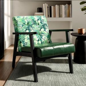 Fauteuil Scandinave en Simili Cuir  & Dossier en Canevas en Vert tropical&ndash; &Eacute;l&eacute;gance et Confort Nordique
