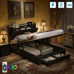 Cadre de Lit 140x190 avec Sommier LED et USB Lit Double Coffre 140x190 avec 2 Tiroirs Lit Rembourr&eacute; Lit Adulte Lin Gris Fonc&eacute;