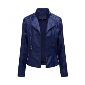 Veste en cuir PU Femme slim Fit Grande FBCN79 Bleu marine - MOBIGARLAN - Poches fonctionnelles - Coupe classique