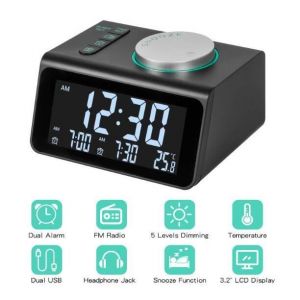 Radio Réveil Double AlarmesRéveil Numérique avec Radio FMDouble Port USB7 Sons d’AlarmeLuminosité Réglable sur 5 Niveaux pour Le