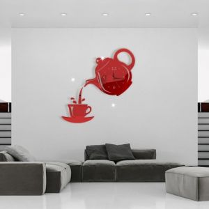 Rouge Horloge murale pour théière miroir tasse de café décoration de cuisine salle à manger décoration d