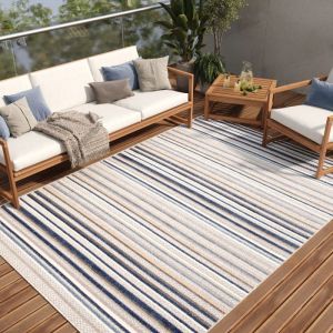 TAPISO Patio Tapis Terrasse Cuisine Chambre Int&eacute;rieur Ext&eacute;rieur Moderne Bleu Beige Gris Rayures R&eacute;sistant Sisal 200x300 cm