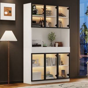 Vitrine blanche 200cm LED portes vitrées bibliothèque multi-rangements collection chambre salon bureau cadre noir blanc
