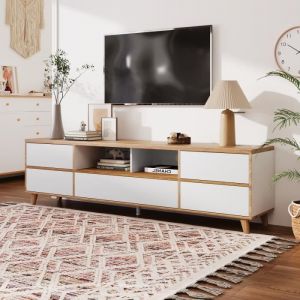 DRIPEX Meuble TV Armoire Salon Blanc-Style Scandinave-5 portes 2 Niche de Rangement,Buffet bas en bois massif,175x37x51cm