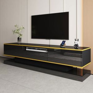 Meuble TV 180&times;38&times;45 cm laqu&eacute; noir 3 tiroirs LED multicolore et d&eacute;cors dor&eacute;s
