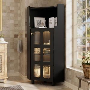 Vitrine-argentier  dangle moderne noir laqu&eacute; avec &eacute;clairage LED et appli63.5x124 cm - Id&eacute;ale salon biblioth&egrave;que ou salle de bain