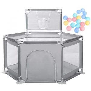 LEXLIFE Parc pour b&eacute;b&eacute; et compact &agrave; 6 c&ocirc;t&eacute;s avec 10 boules - stylo de jeu solide et durable - Gris