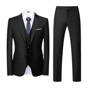 Allthemen Costume Homme Mariage 3 Pièces Slim Fit Smoking Couleur Unie Deux Boutons Formel Veste Gilet et Pantalon Noir