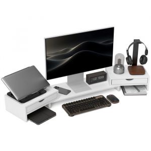 Rehausseur écran PC bureau - HOMCOM - 60-116 cm - 2 tiroirs - longueur et angle réglables - blanc