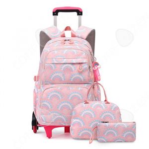 Cartable &agrave; roulettes 45*32*15cm cartable 3 en 1 &agrave; roulettes sac &agrave; dos d&eacute;tachable / valise trolley pour gar&ccedil;ons et filles rose
