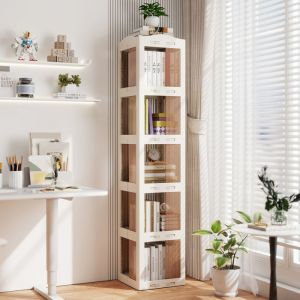 Biblioth&egrave;que &agrave; 5 Niveaux Rotative &agrave; 360&deg; COSTWAY 174cm &Eacute;tag&egrave;re dAngle Pliante de Sol Translucide pour Salon Chambre Bureau Blanc