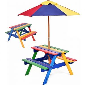 RELAX4LIFE Ensemble Salon de Jardin pour Enfant - 1 Table et 2 Bancs Plus 1 Parasol Multicolore Table en Sapin avec Trous
