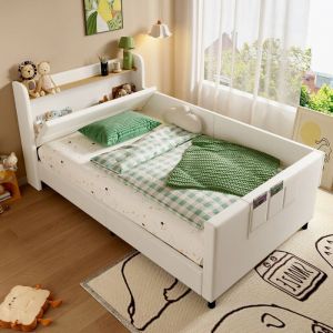 Lit enfant 90x200 cm en PU Tête de lit Espace pliable & petites poches de rangementlit simple cadre de lit-sommier à lattesblanc