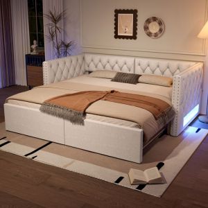 Lit gigogne-Canap&eacute;-Lit 2 en 1 extensible 90x200&rarr; 180x200 banquette rembourr&eacute;e LED sommier &agrave; lattes lin beige MDF