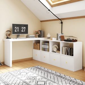 MERAX Bureau d&rsquo;Angle Pivotant 360&deg; avec Rangement Bureau Modulable Blanc avec 4 Tiroirs et 4 &Eacute;tag&egrave;res
