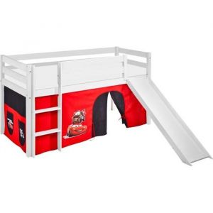 Lit surélevé ludique JELLE 90 x 190 cm  Disney Cars - avec rideaux et toboggan - LILOKIDS - blanc laqué - Disney accessoires pour li