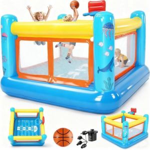 Ch&acirc;teau Gonflable pour Enfants 3-6 Ans PVC Int&eacute;rieur Ext&eacute;rieur avec Panier de Basket Jeu de Marelle Pompe &agrave; Air et Ballon Inclus