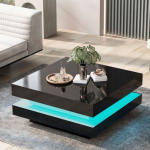 Table basse salon Carrée 16 Couleurs LED Style Moderne et élégant Meuble salon Table dappoint Canapé Table 70x70x36cm Noir