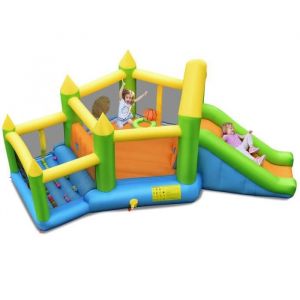 COSTWAY Château Gonflable avec Toboggan,Grande Zone de Saut,Piscine à Balles Océaniques,Panier de Basket,Sac,Kit de Réparation