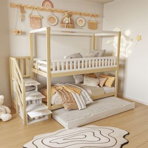 Lit Superposé Enfant avec Lit Gigogne Lit Superposé 3 Places 90x200cm Escalier Rangement Pour Garçon FilleBlanc Bois Naturel