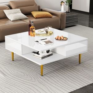 Table basse 2 Tiroirs 2 Compartiments Table dappoint Carrée Salon Moderne 70x70x36 cm Blanc brillant